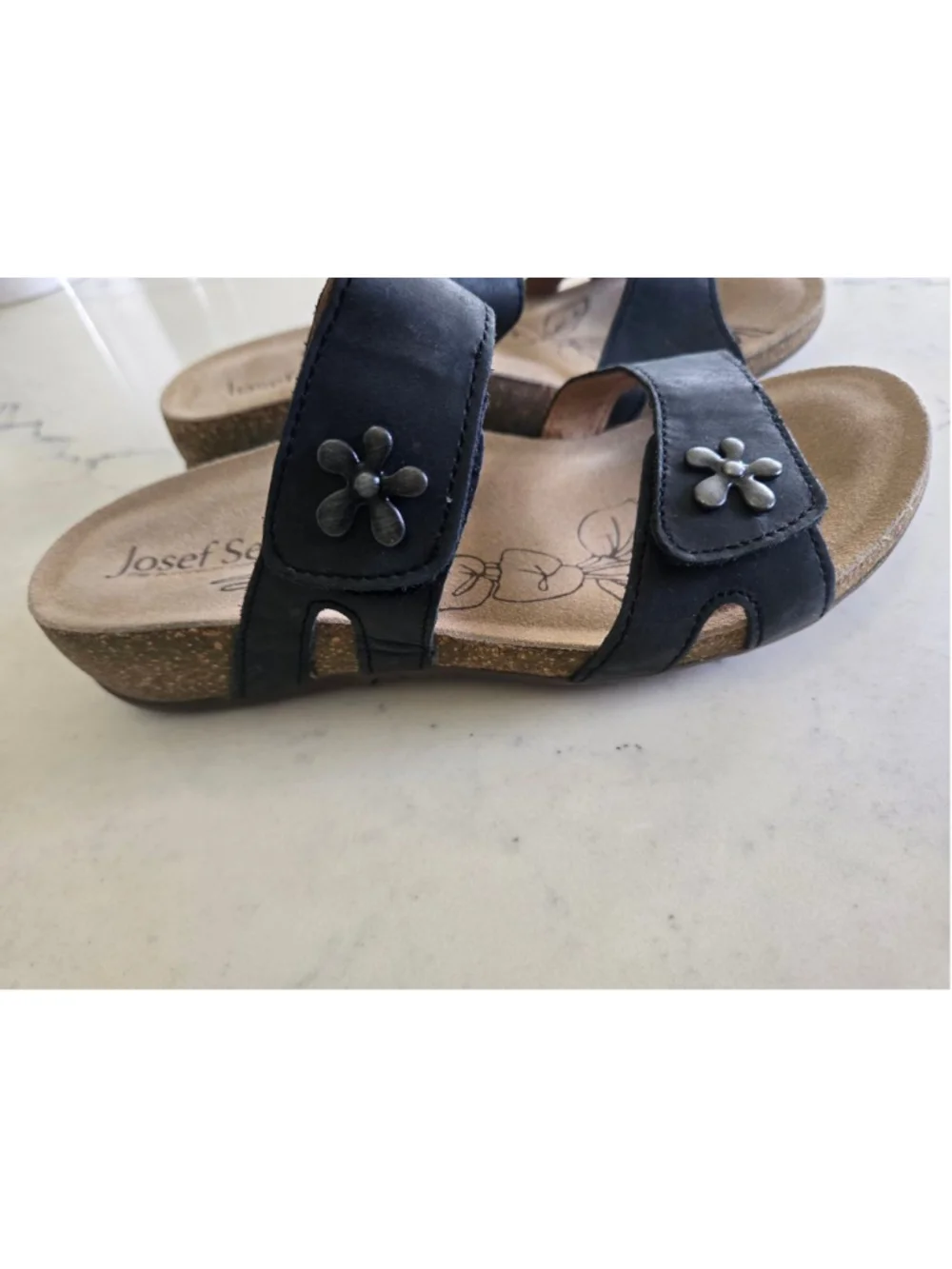 Josef Seibel Comfort Slide Sandals Black Leather Floral Accent EU 36 US 5.5-6